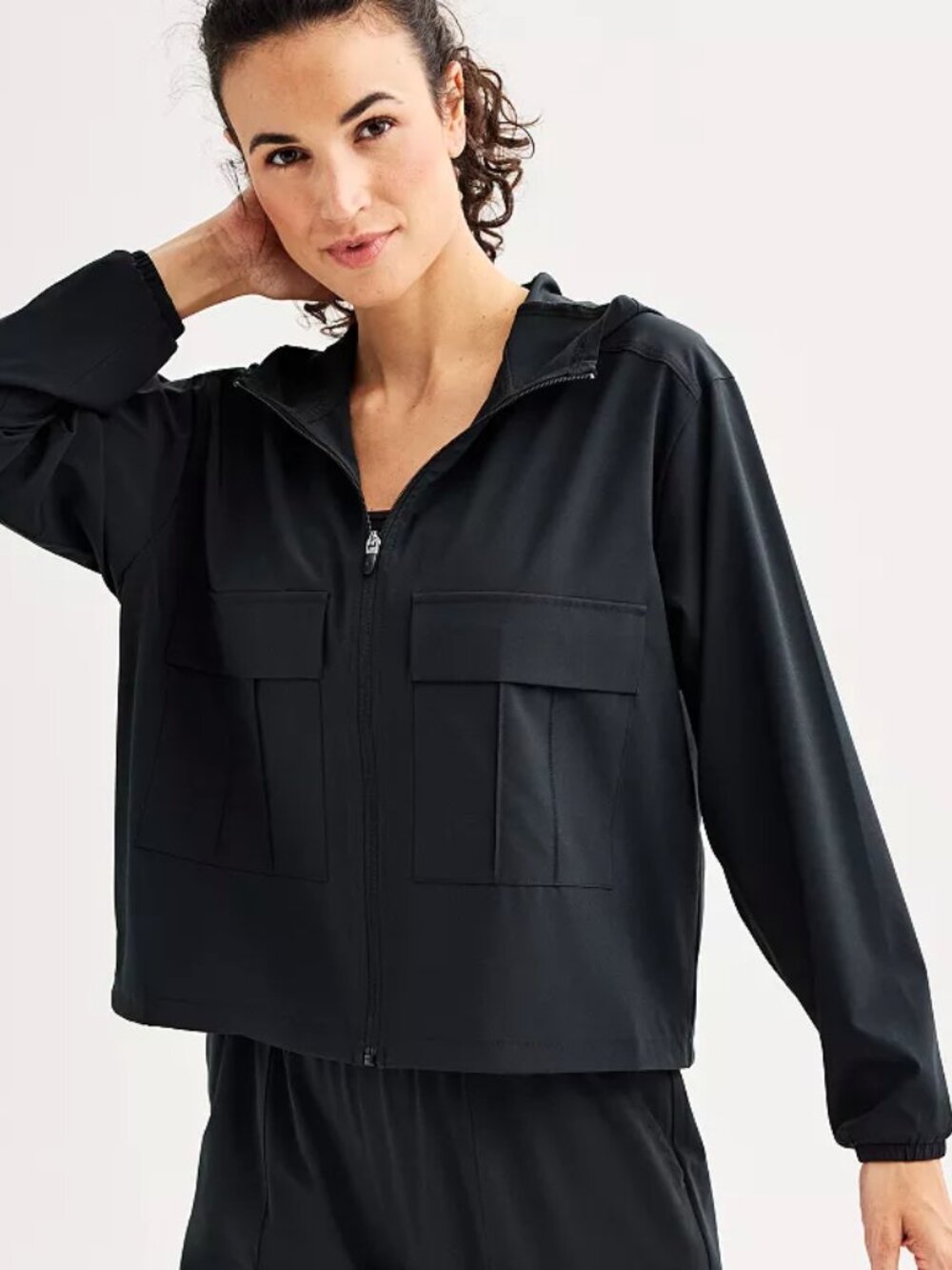 Tek Gear Utility Cargo Jacket Womens Medium Black Zip Hooded Lightweight Stretch